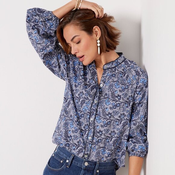 Evereve Tops - Evereve Sheila Floral Batik Piped Cotton Top Blue Button Down Blouse Sz XL